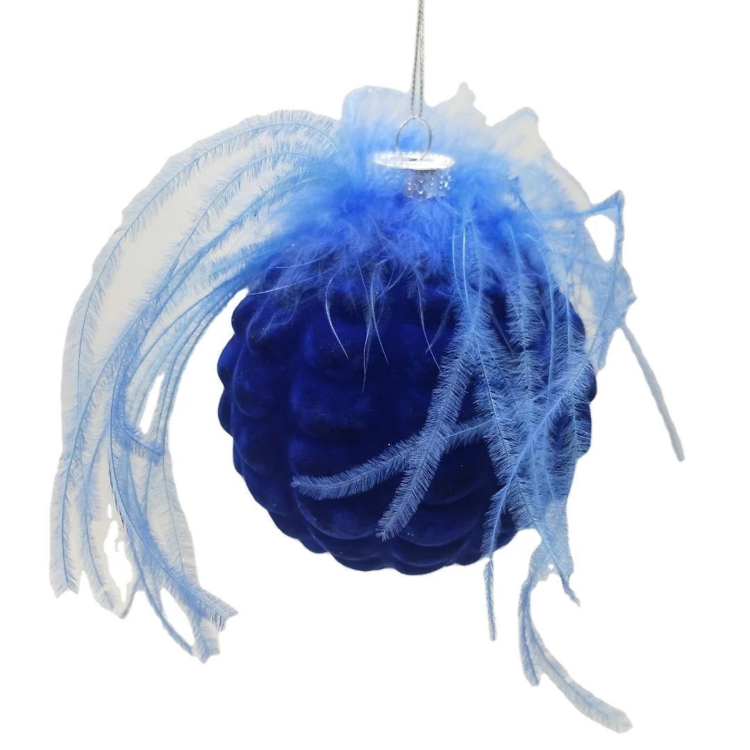Factory New Arrival Christmas Glass Ball Ornaments 10 cm Blue Flocking Xmas Bauble With Feather For Decoration