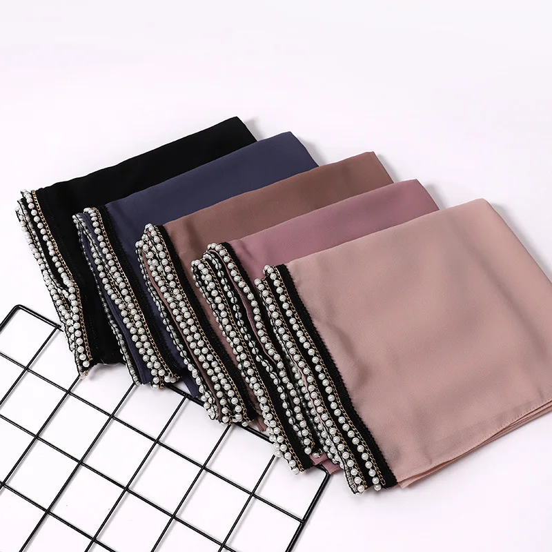 New Style Malaysia Indonesia Muslim Hijabs Pearl Chain Edge Bubble Chiffon Scarf Shawls for Women Hijab 2021