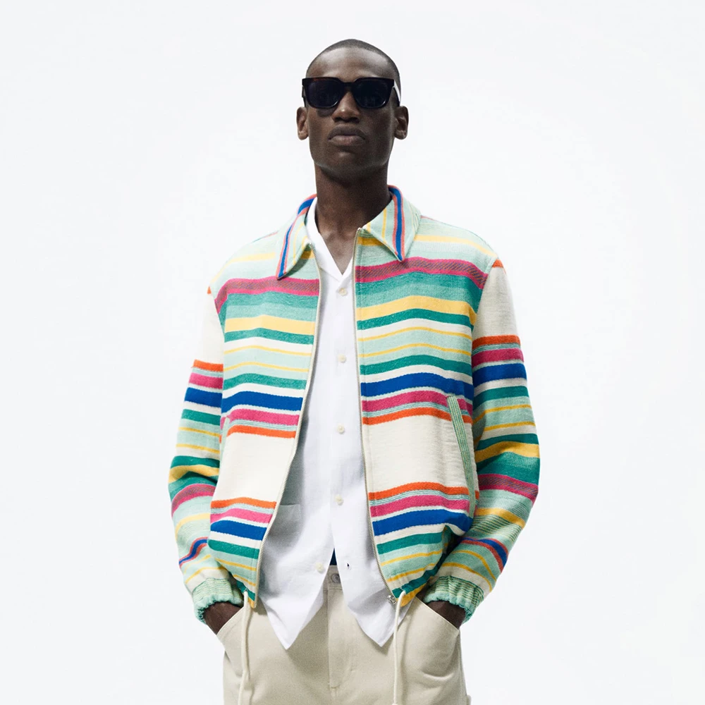 High Quality Unisex Casual Fashion Elastic Cuff Lapel Collar Colorful Stripe Woven Zip-Up Jacket For Men