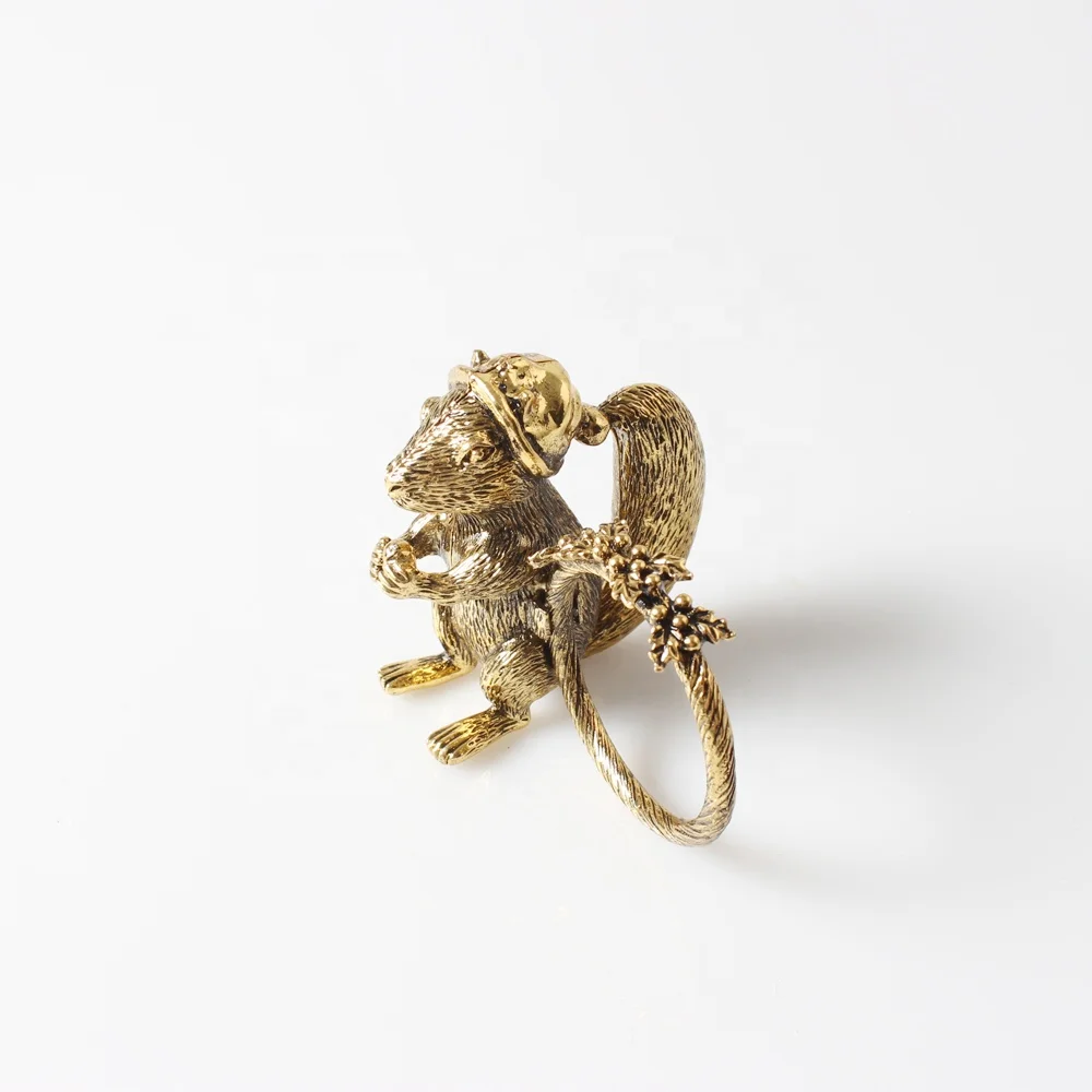 Christmas Antique Gold Metal Animal Squirrel Napkin Rings For Table Decoration