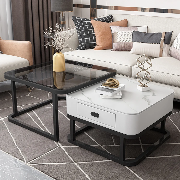Contemporary Nordic Modern Square Gold Luxury Stainless Steel Marble Stone Glass Nesting Bent Coffee Table With Drawer