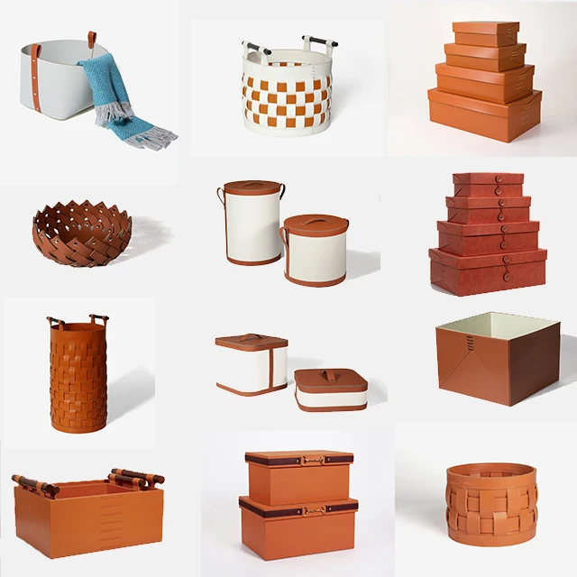 Wholesale custom PU or real cow Leather woven Storage box Basket with handle Organizer Home Decor clothing storage containers