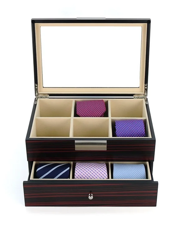 Hot Selling 2 Layer Storage case Tie Display Case Wooden Necktie Box with Drawer
