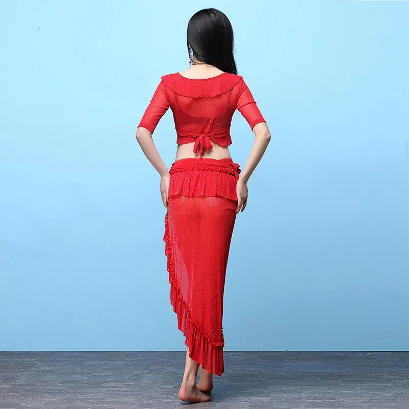 Arabic korean silver network hot belly dance costume top and skirt