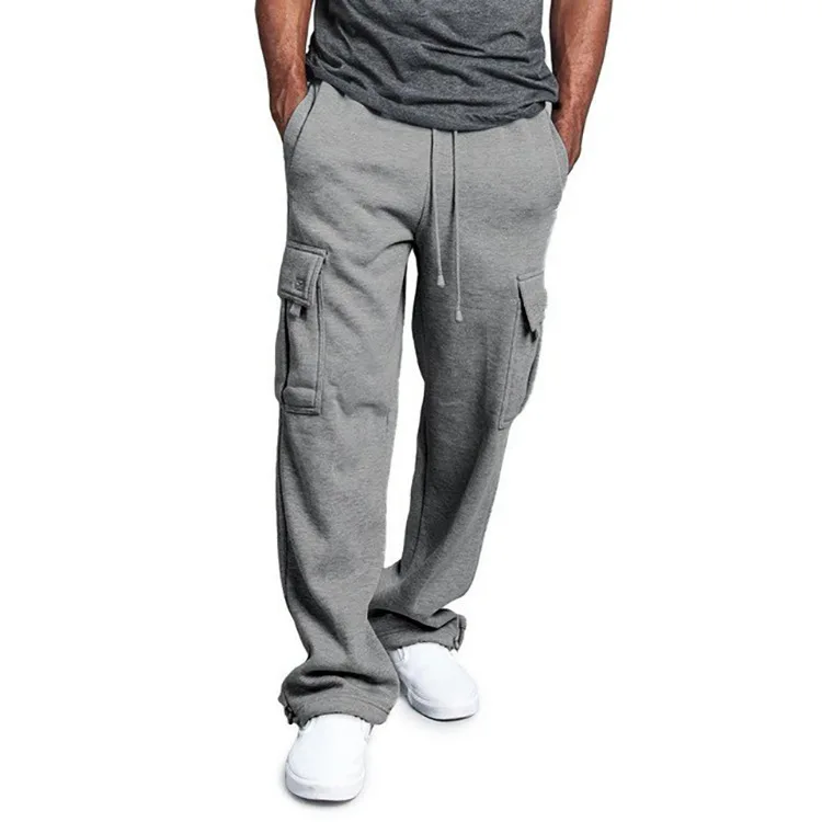 Custom Logo Designer Solid Fleece Heavyweight Trousers Man Cotton Polyester Multi-Pocket Loose Cargo Sweat Pants Men