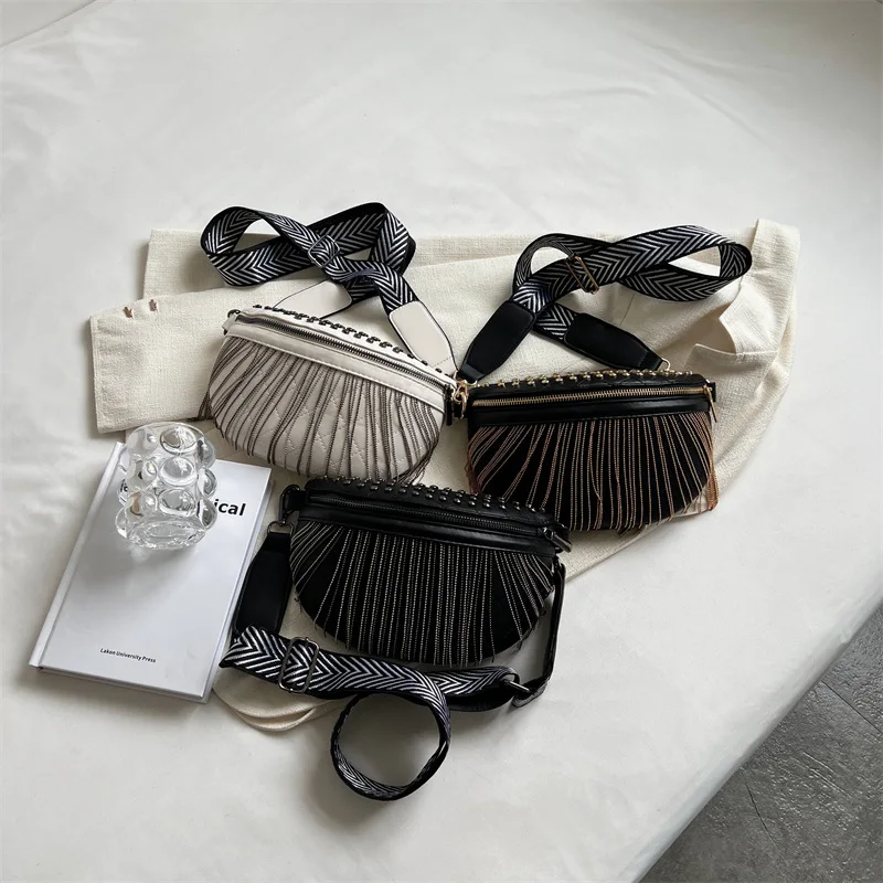 Women Fanny Pack Rivet Casual Shoulder Bag Broadband Chest Bag Tassel Female Bag  DOM107