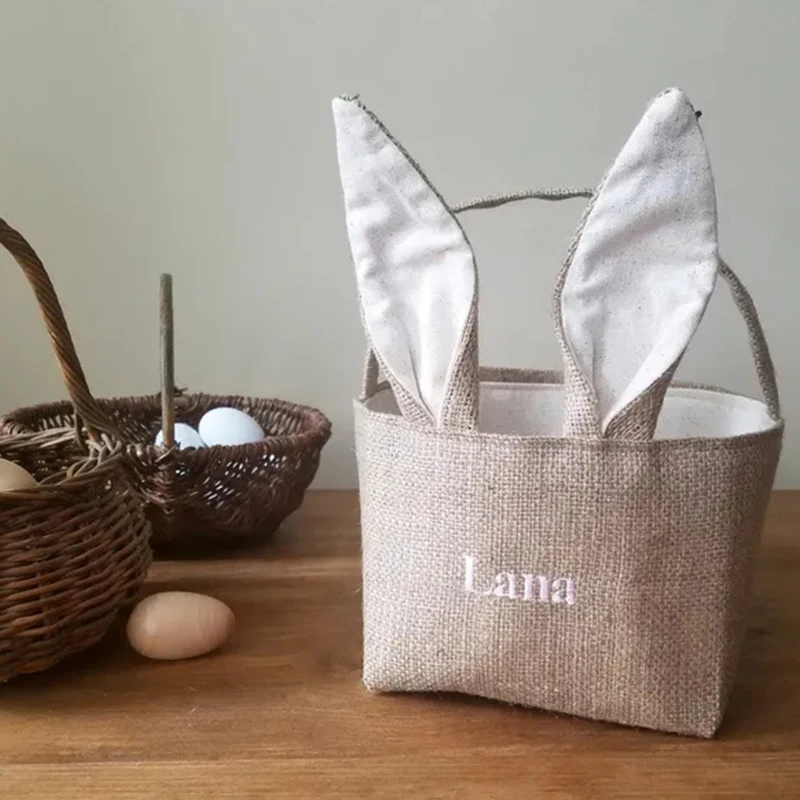 Personalized Easter Basket Easter Decorations 2023 Bunny Ears Burlap Bunny Easter Basket