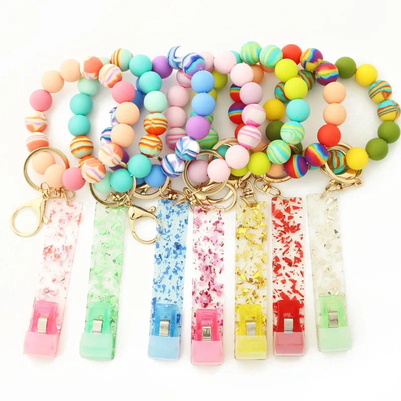 Factory Direct Acrylic Bank Card Grabber Silicone Bead Elastic Rope String Wristlet Bracelet Keychain for Long Nails