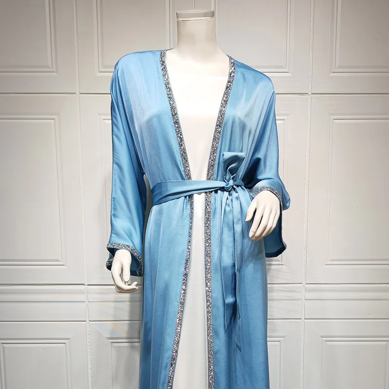 2024 OEM Designs Eid Dubai Islamic Elegant Modest Open Abaya Inner Slip Dress Set Diamond Satin Silk Abaya Women Muslim Dress