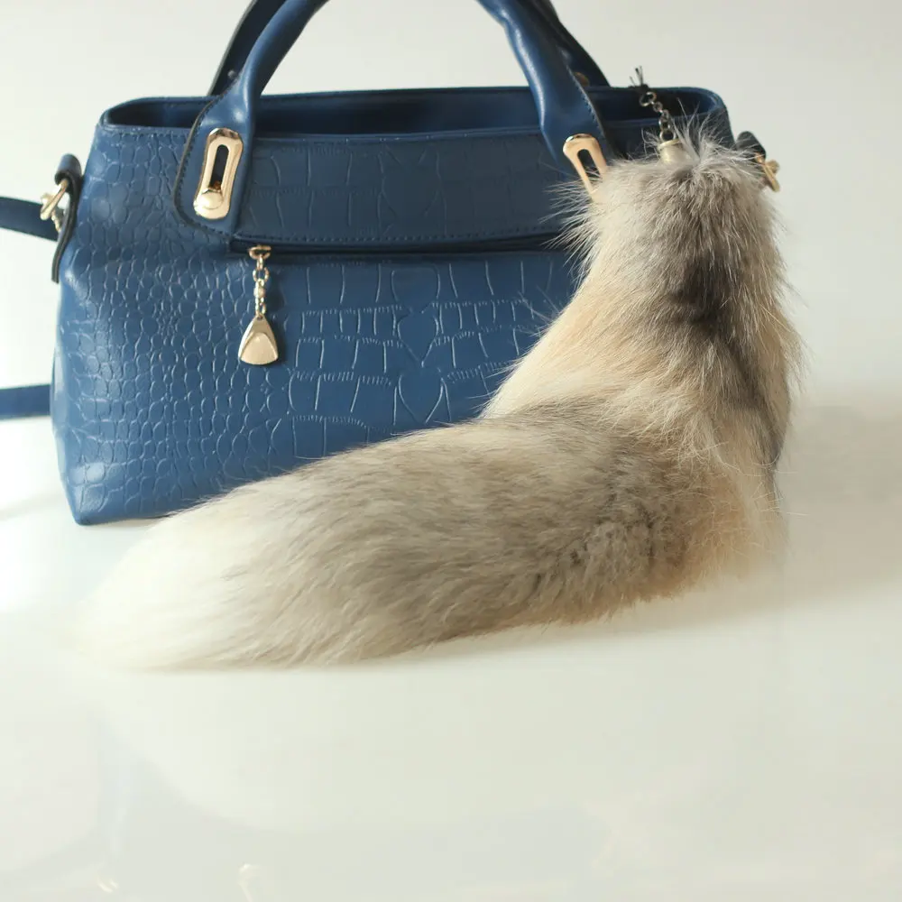 Wholesale crystal 45 cm large black fox tail China fluffy real fox fur tail key chain