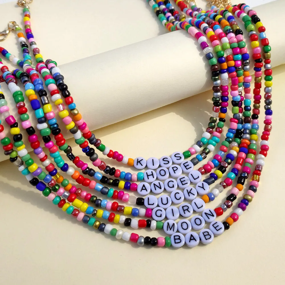 Stylish Lovely Colorful Acrylic Beaded Jewelry Creative Letters Clavicle Chain Necklace For Women