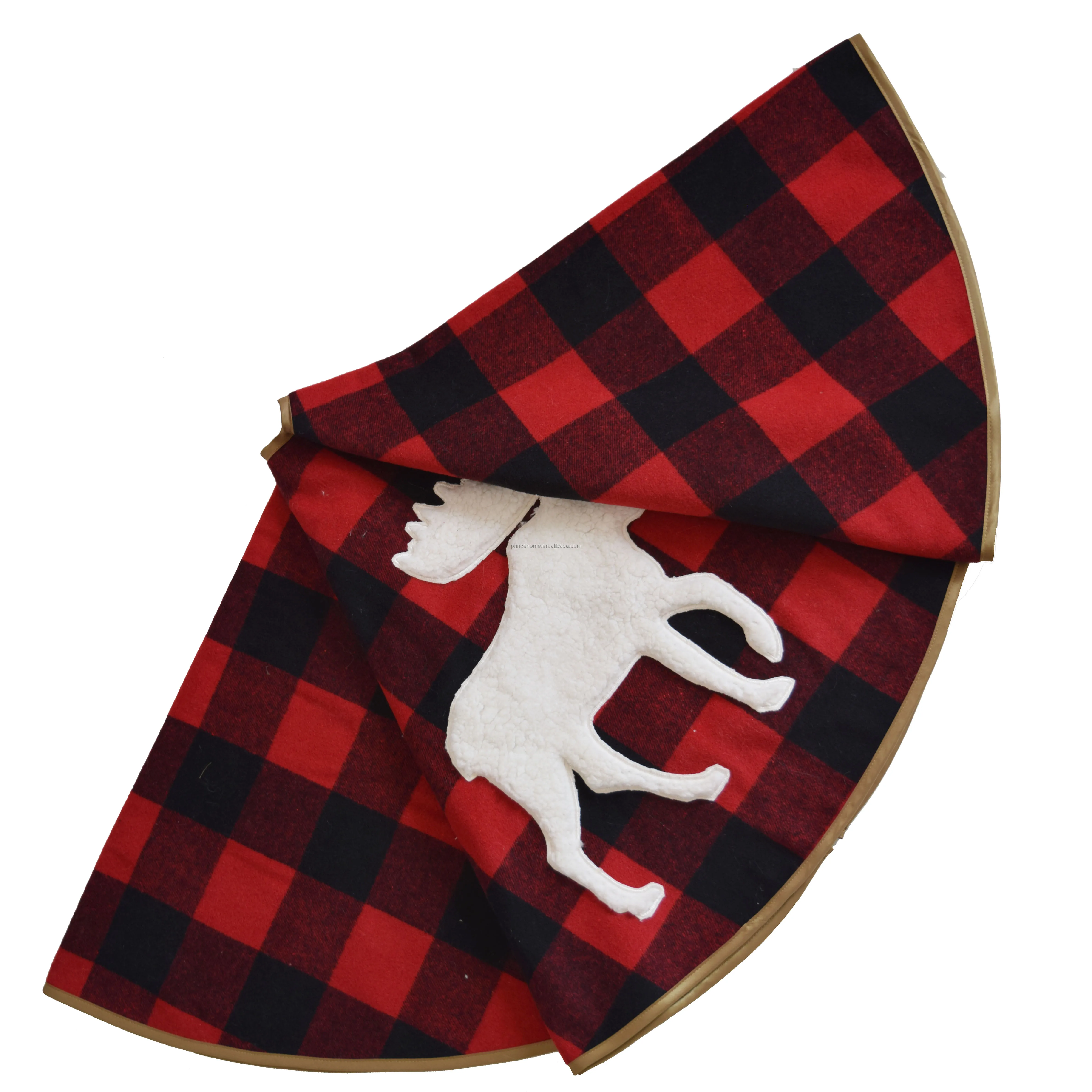 Red and Black Plaid with Sherpa Reindeer Applique Embroidery Christmas Tree Skirt 48'