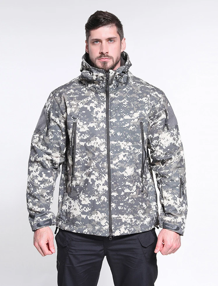 Outdoor Camouflage Clothes Windproof Waterproof Fleece Warm Hunting Suit Hood Combat Tactical Uniform Soft Shell Jacket for Men