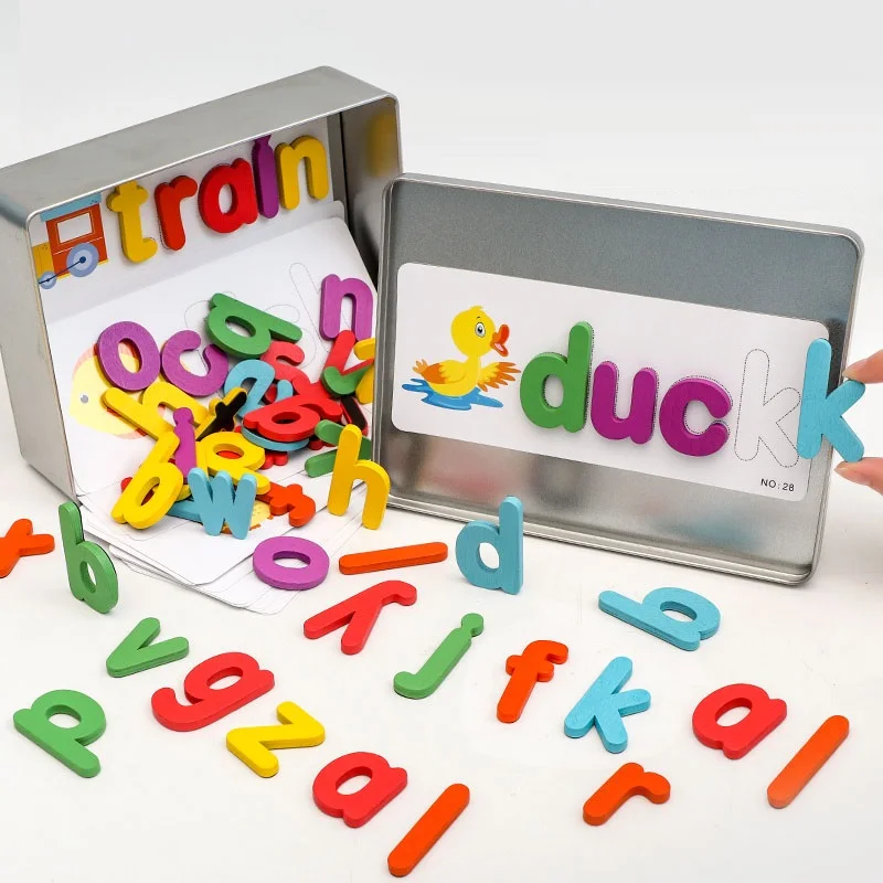 English early education tin box packaging magnetic word spelling game brain toy