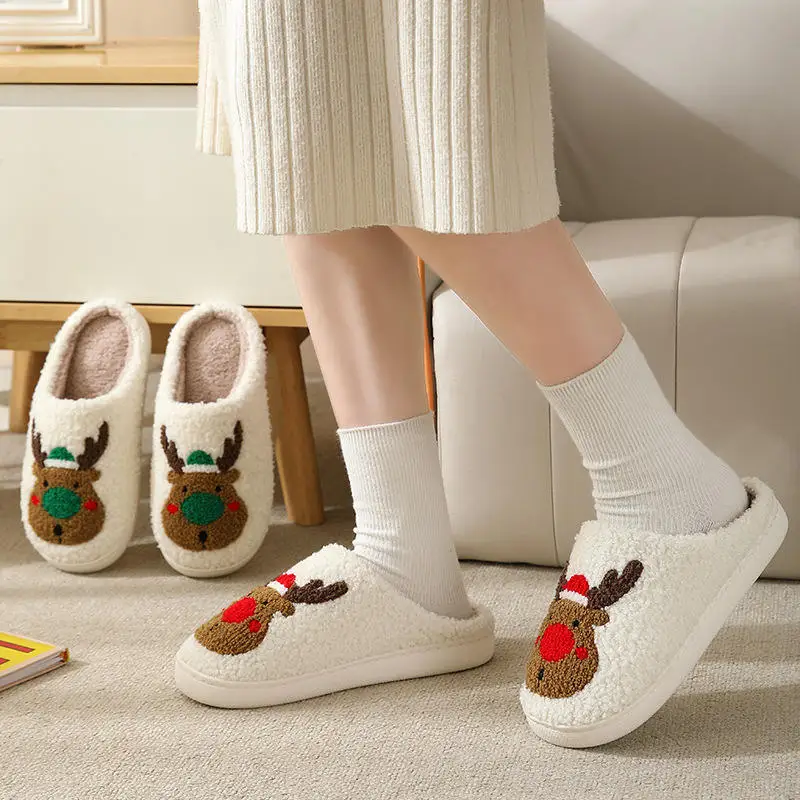 Christmas  Halloween Custom Printed Logo Cartoon Slippers Fall Winter Thicken Indoor Home Plush Fuzzy Slippers Smile Face
