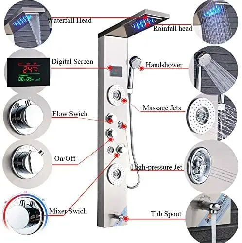 Bathroom Thermostatic Led Rainfall Stainless Steel Wall Mounted Waterfall Shower Panels