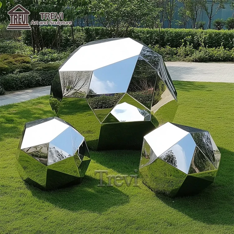Lawn Ornament Metal Mirror Statue Stainless Steel Geometric Stone Sculpture