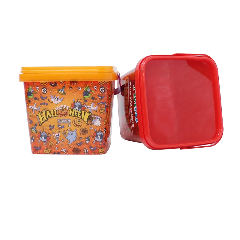 Custom factory Designed Square Food-Grade Plastic Snack Storage Box with Lid Handle Convenient Barrel Pails Drums Food Packaging