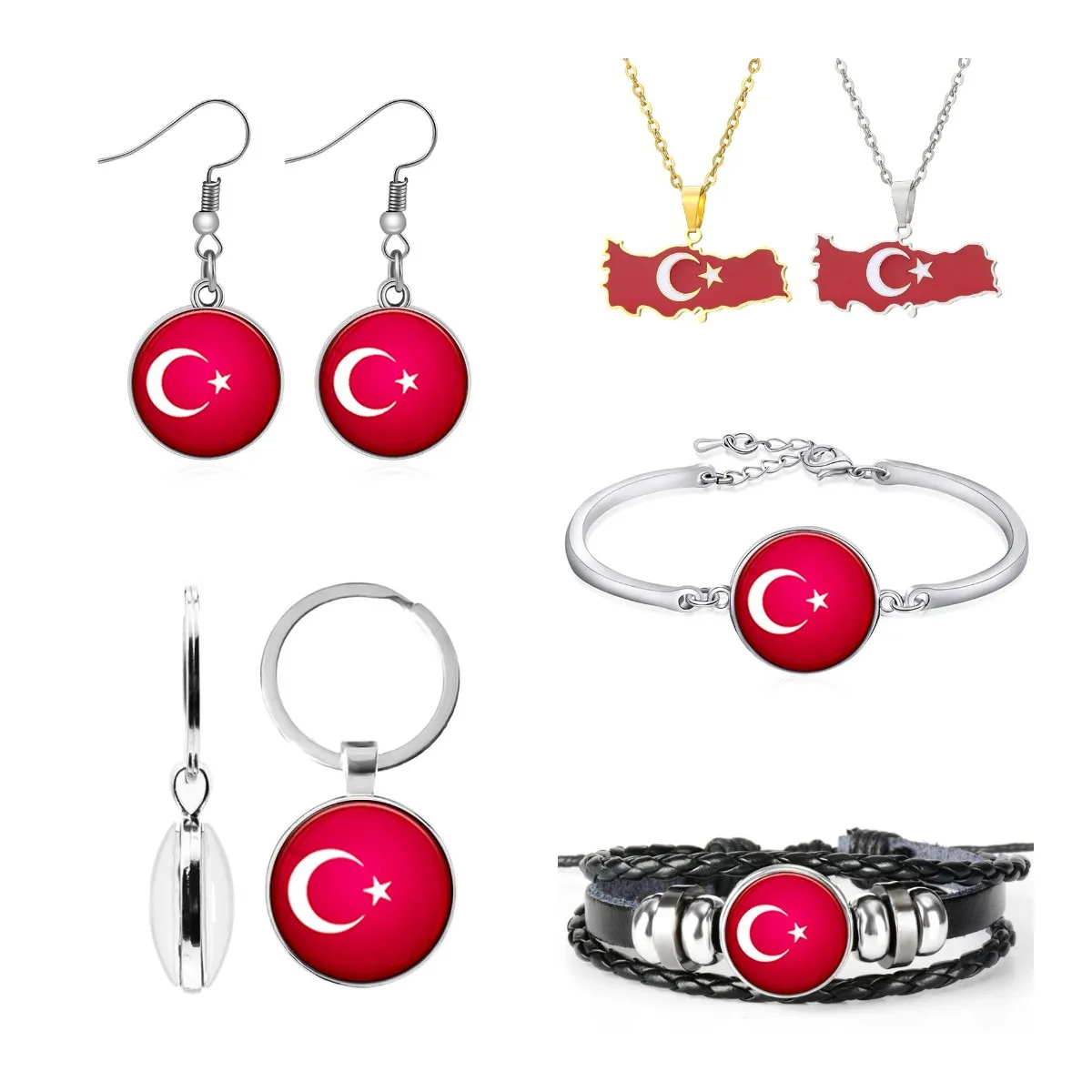 80 Models Turkey Flag Charm Map Pendant Key Chain Ring Cuff Link Tie Clip Necklace Bracelet Earrings Cuban Turkiye Jewelry Set