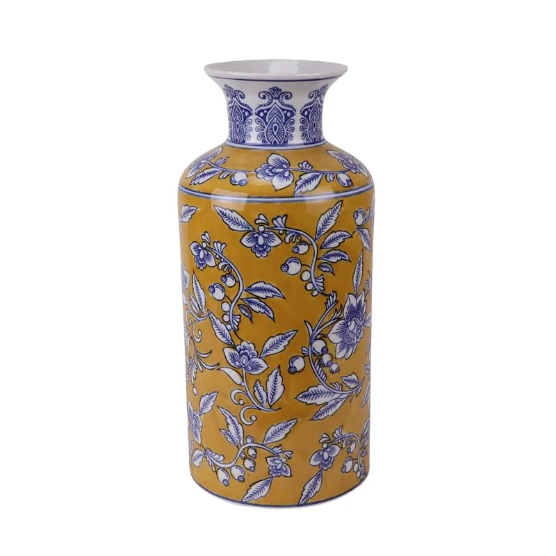 RXCZ-DG103-DG203-DG303 Dark Yellow Glazed blue and white leaf pattern Ceramic straight tube bottle flower vase decoration