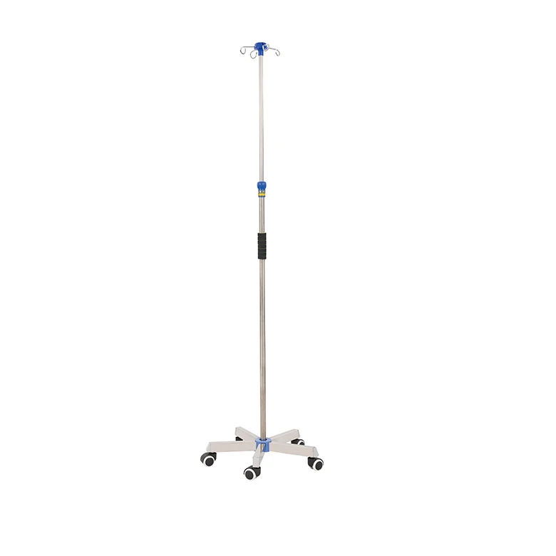 Good quality stainless steel hospital furniture IV stand free standing pole with five wheels