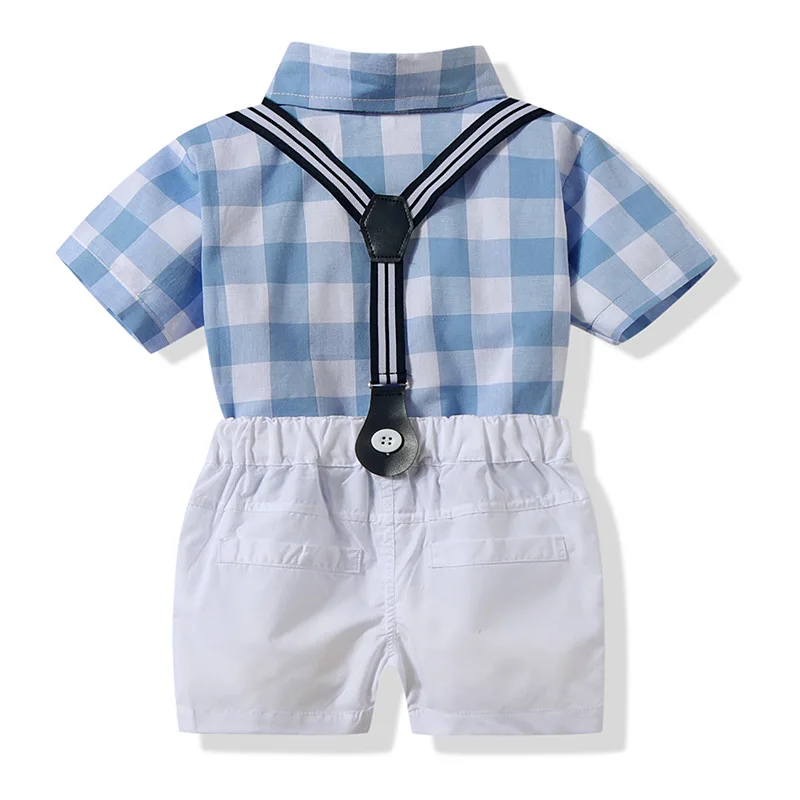 Bow plaid light blue pink shirt+belt pants preppy style gentleman summer boy party dress