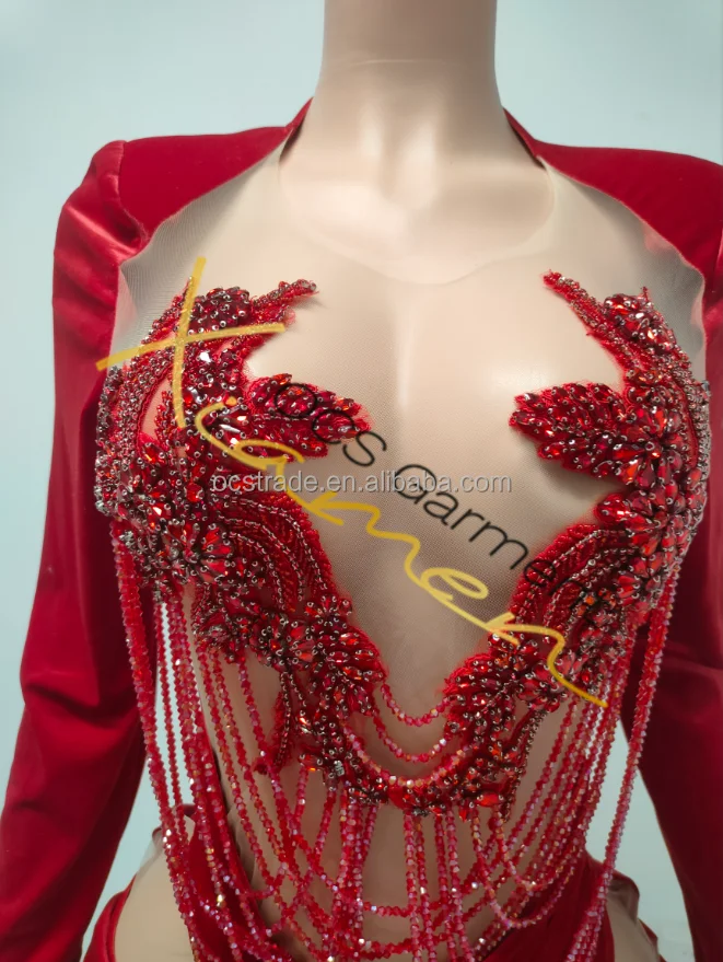 Ocstrade Ropa De Mujer Velvet Long Sleeve Rhinestone Min Birthday Dress Red Mesh See Through Elegant Evening Dress Club Party