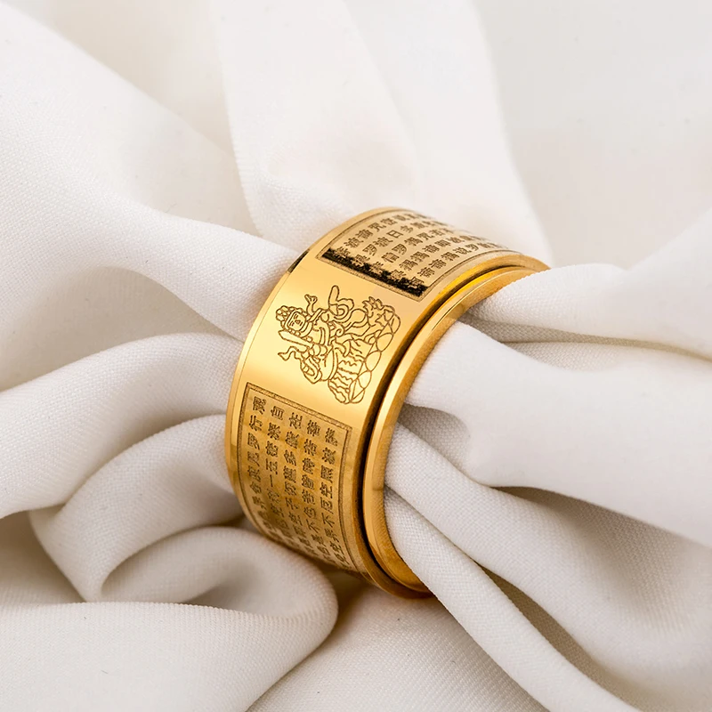 Southeast Asian Trend Personality Stainless Steel Plated 18K Gold Buddhist Heart Scripture Rings