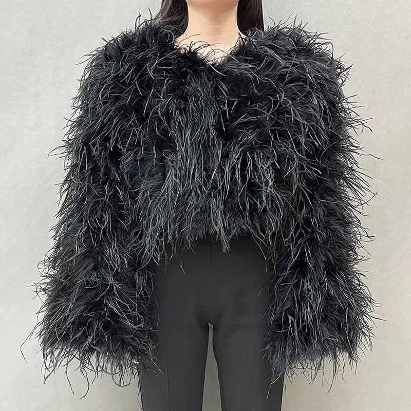 Custom Size Women Luxury Long Sleeve Crop Fur Jacket Fluffy Ostrich Feather Coat
