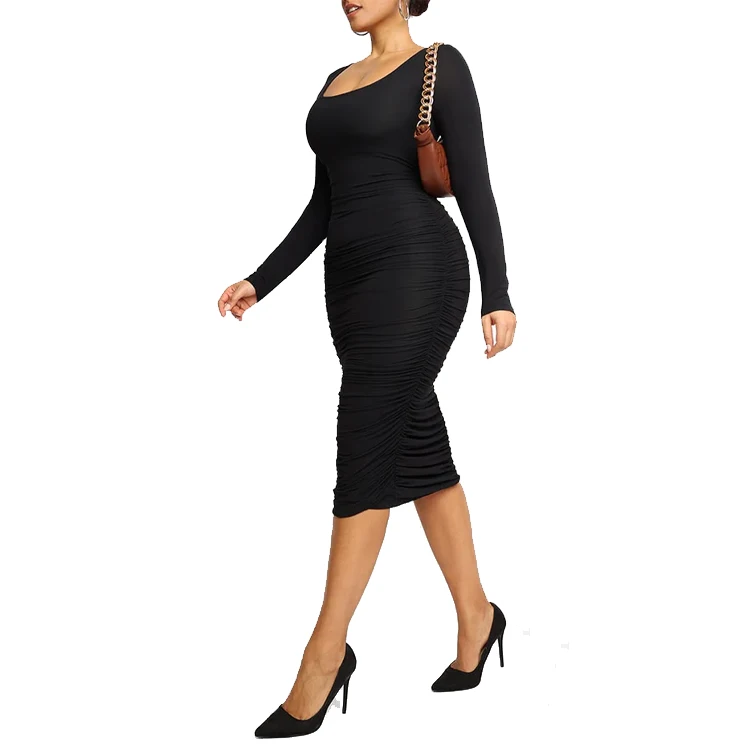 wholesale custom 2023 Autumn and winter seamless Square-neck black long sleeve built-in shapewear maxi dress bodycon woman dress