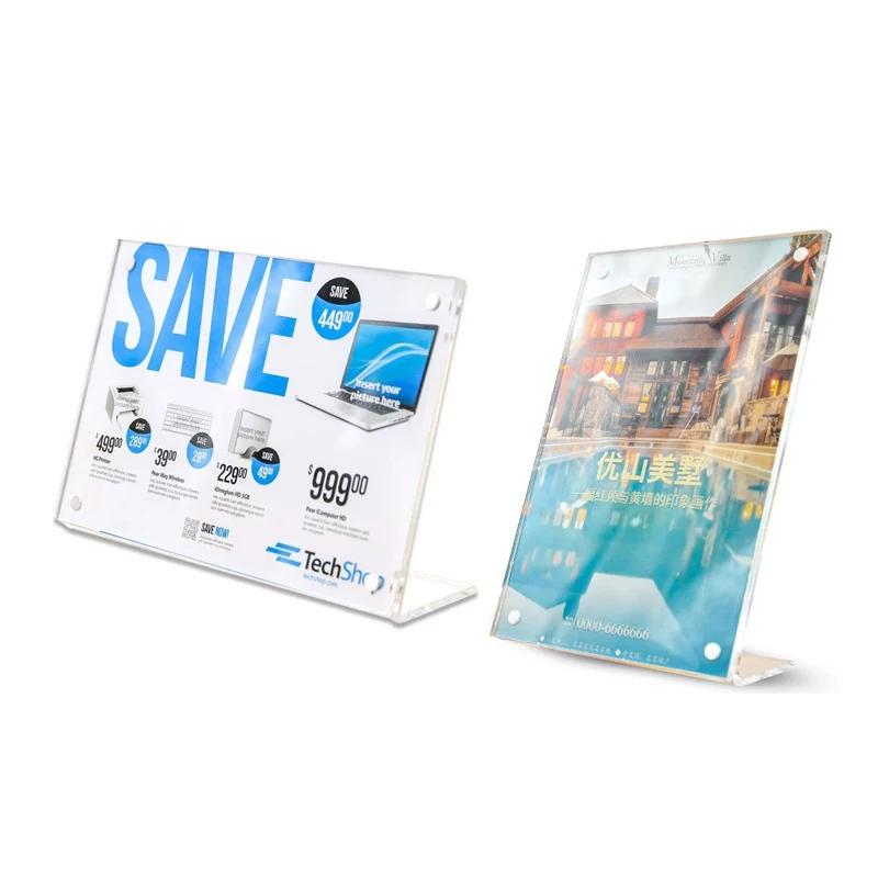 Customized transparent acrylic card holder l-shape desktop price display shelf table