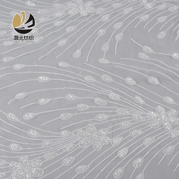 100% polyester fancy design silver glitter wedding white sequin tulle mesh fabric