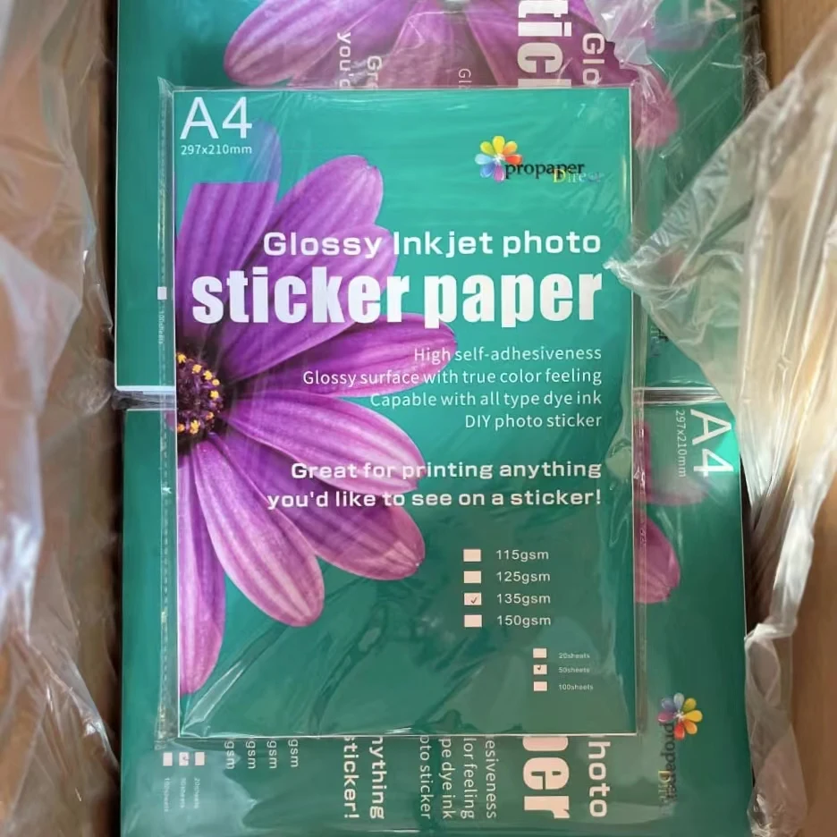 CHINA factory wholesale 135g  50sheets waterproof self-adhesive glossy sticker paper size A4 photo paper for inkjet printing