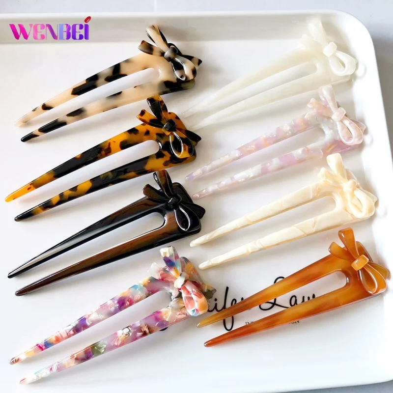 Luxury 11CM Acetate Bow U-shaped Hair Sticks Hairpins Hair Chop Tortoiseshell Chinese Hairpin Stick