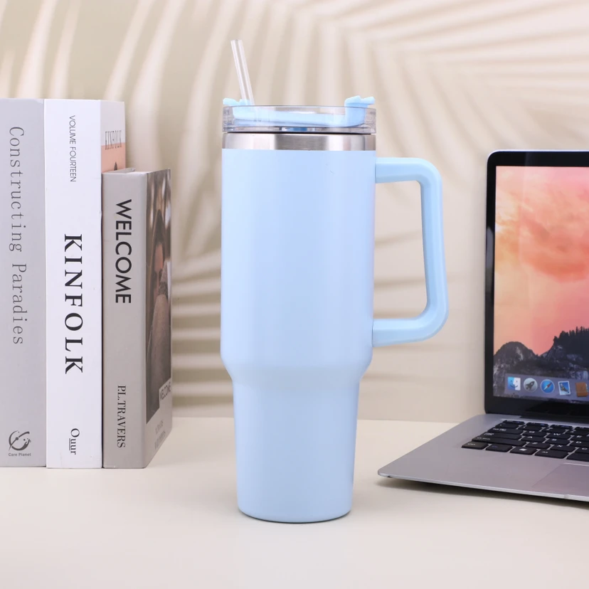2023 custom vacuum insulated stainless steel 40 oz tumbler cup with handle and straw  travel mug 40oz