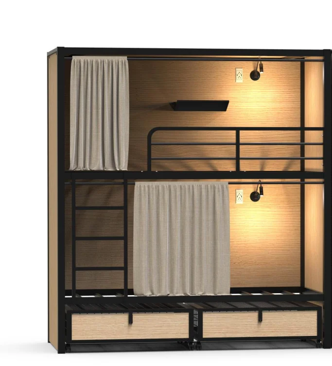 Коммерческая двухъярусная кровать из нержавеющей стали королевского размера с настольным столом, шкафом, книжной полкой и лестницей для отеля