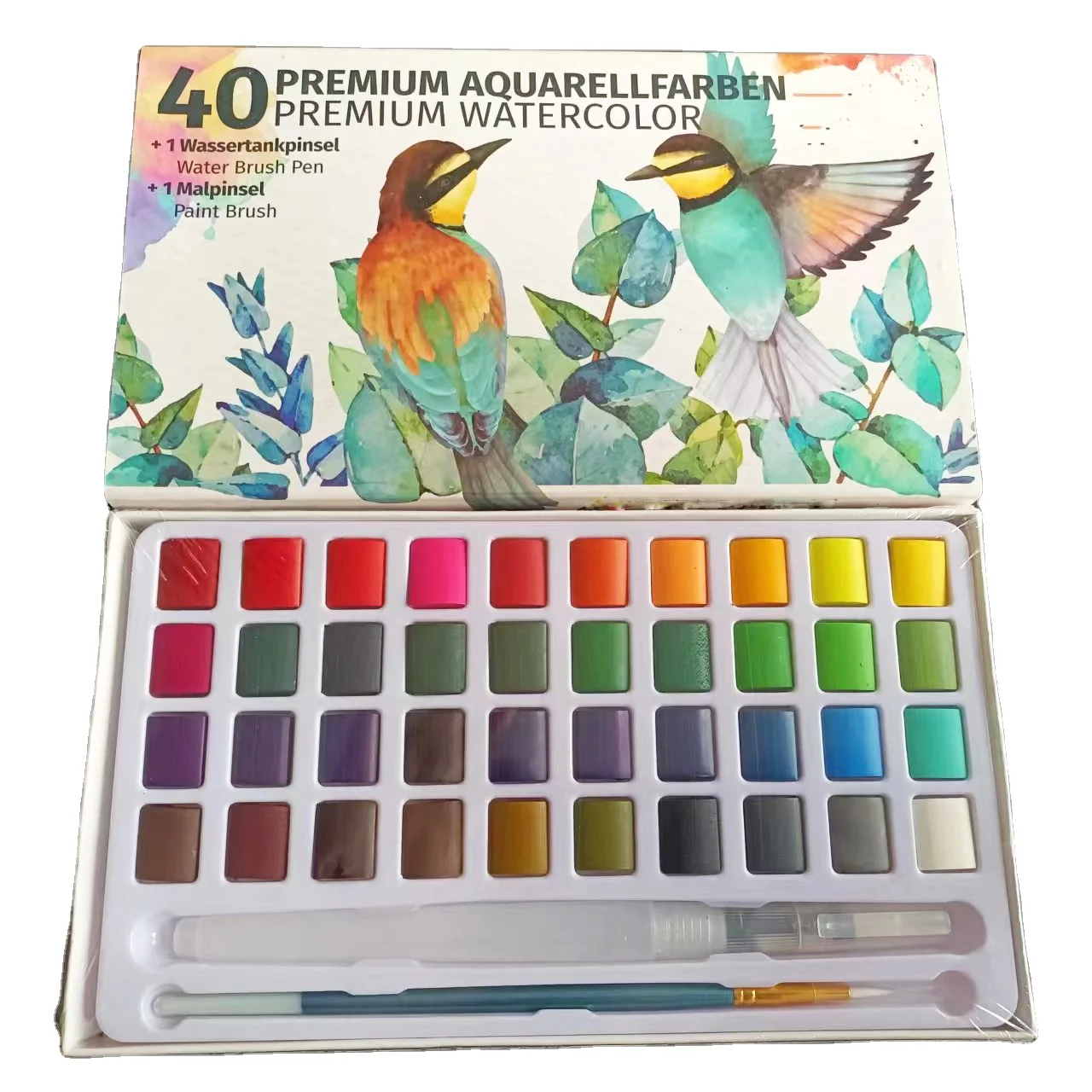 Bright and rich color 40color solid watercolor paint set with two brush pen