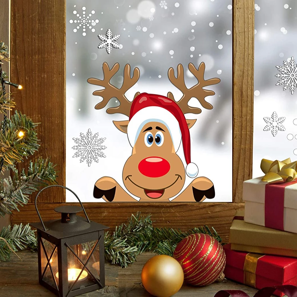 Merry Christmas Home Decoration Cute Santa Snowman Snowflake Christmas Tree Clings Festival Christmas Window Stickers