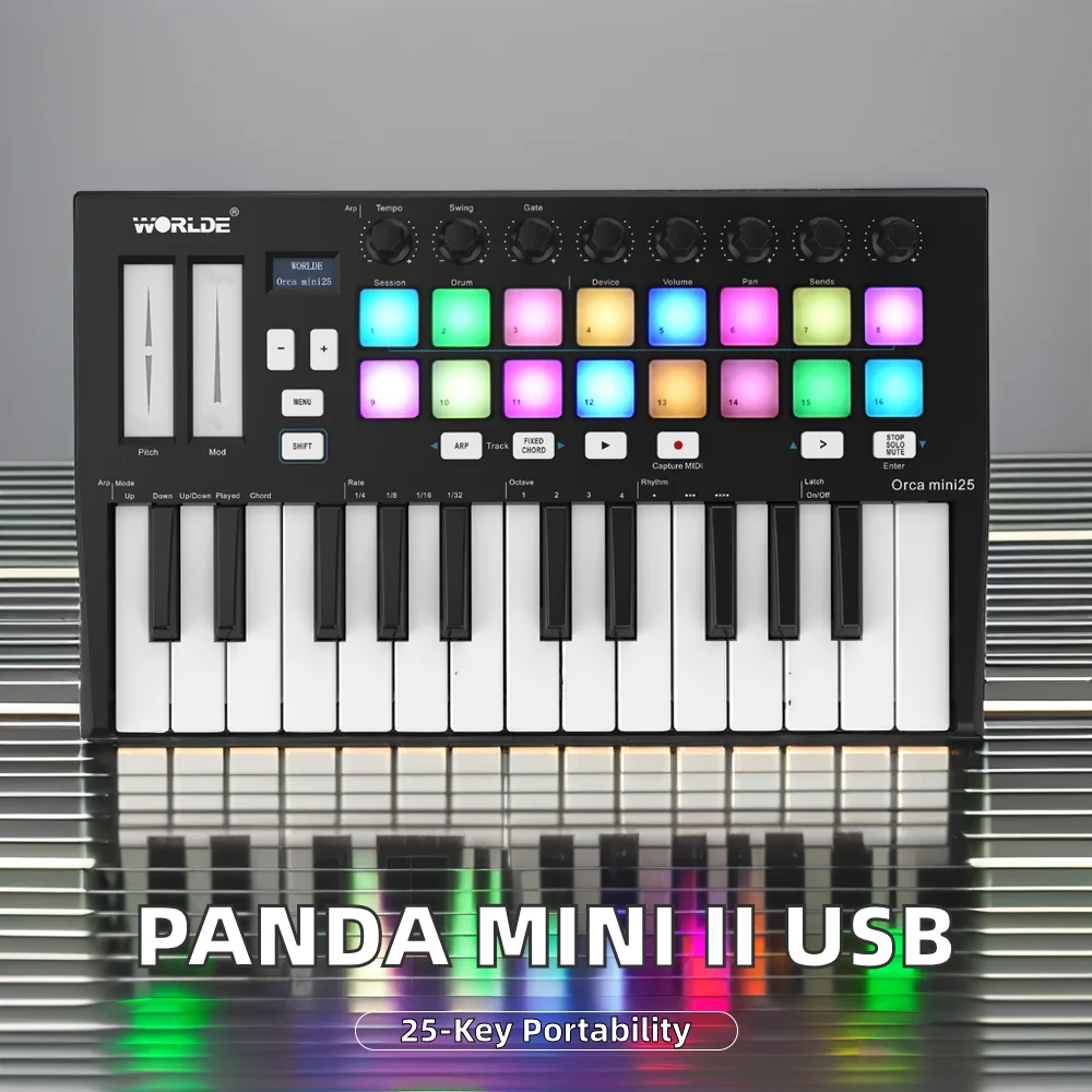 Wrolde Mini II портативный USB-контроллер MIDI 25 клавиш музыкальный инструмент 8 RGB подушечки с подсветкой 4 назначаемых управления