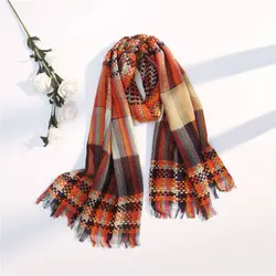 Вязаный цветной шарф в полоску на осень/зиму, длинный плотный теплый шарф с бахромой