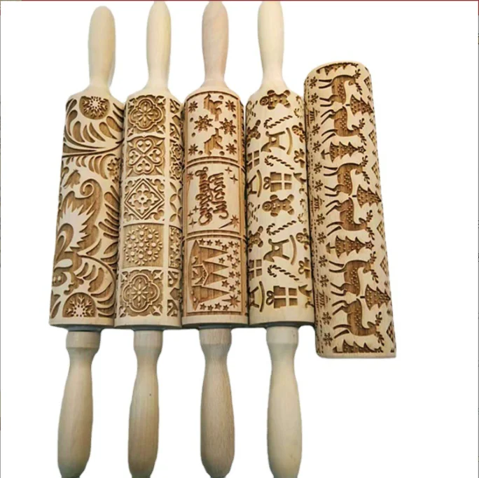 Wooden rolling pin beech laser engraving printing rolling pin embossing rolling skin Christmas fondant cookie pressing stick