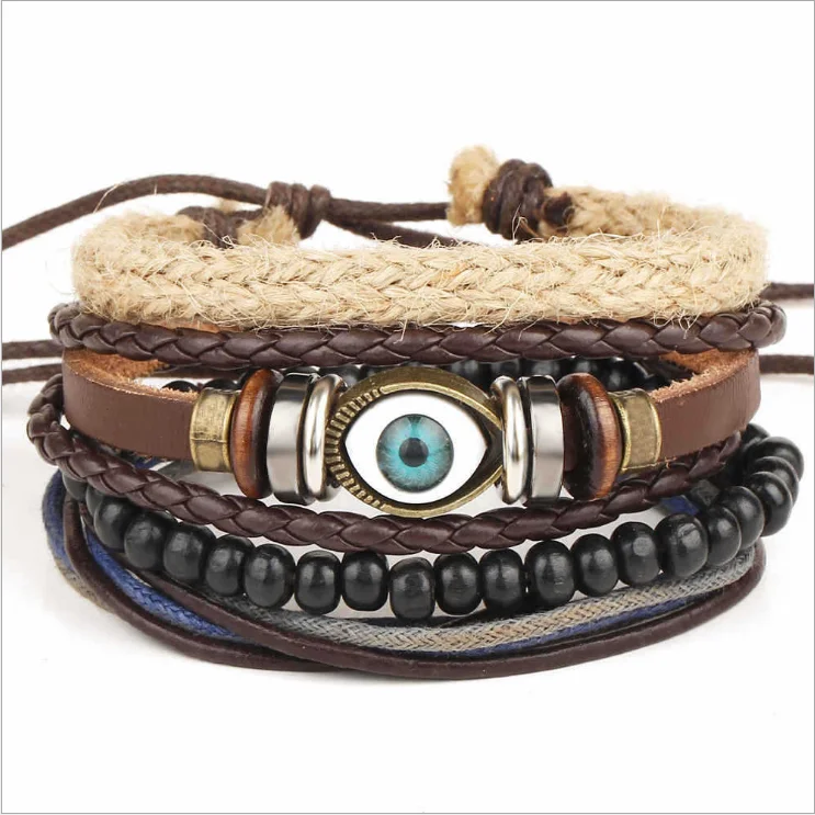 Men Woven Hemp Rope Leather Hand Chain Set Beads products Bracelet eye bracelet mens accessories pulseras para hombre