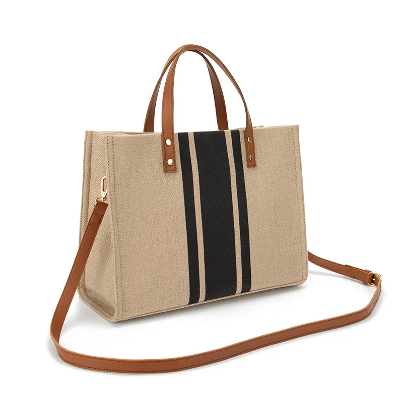 High Quality Trendy Canvas Shoulder Handbag Fashion Large Capacity Women Cotton Striped Tote Bag