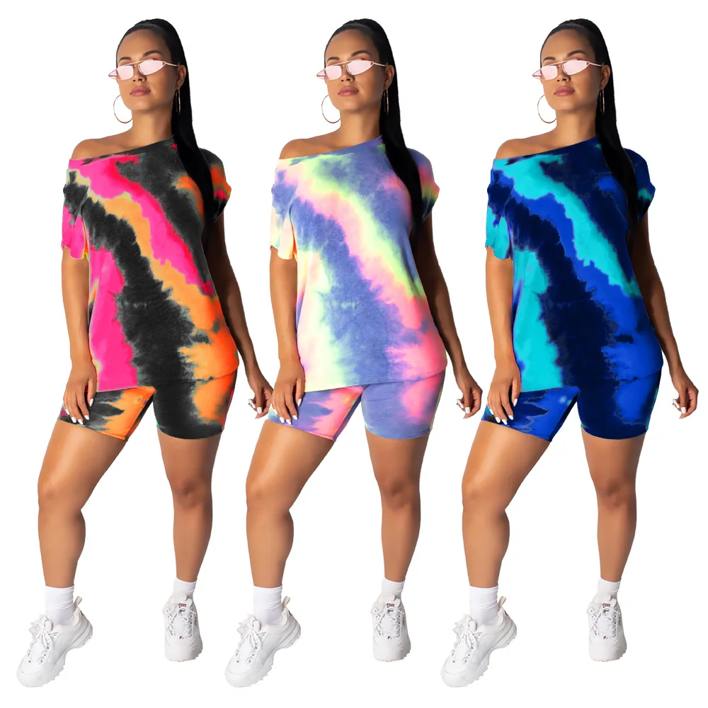 2020 Summer Womens 2 Pieces Sets Summer Short Sleeve Pull Over Top Bodycon Shorts Tie Dye Sets