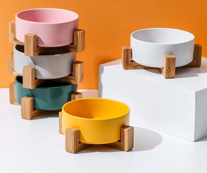 OEM Designer Elevated Porcelain Pet Cat Dog Food Bowl Raised Ceramic Pet Cat Dog Bowl With Stand Wooden Frame