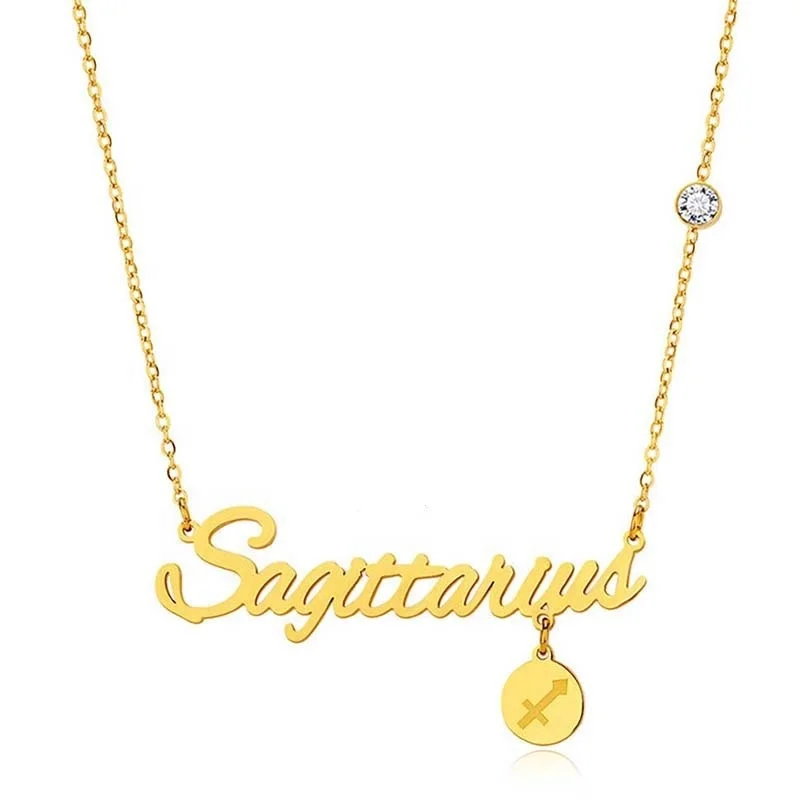 Stainless Steel 12 Zodiac Letter Name Necklace With Round Sign Charm Pendant Dangling Link Chain Necklace Gold Jewelry Women Hot