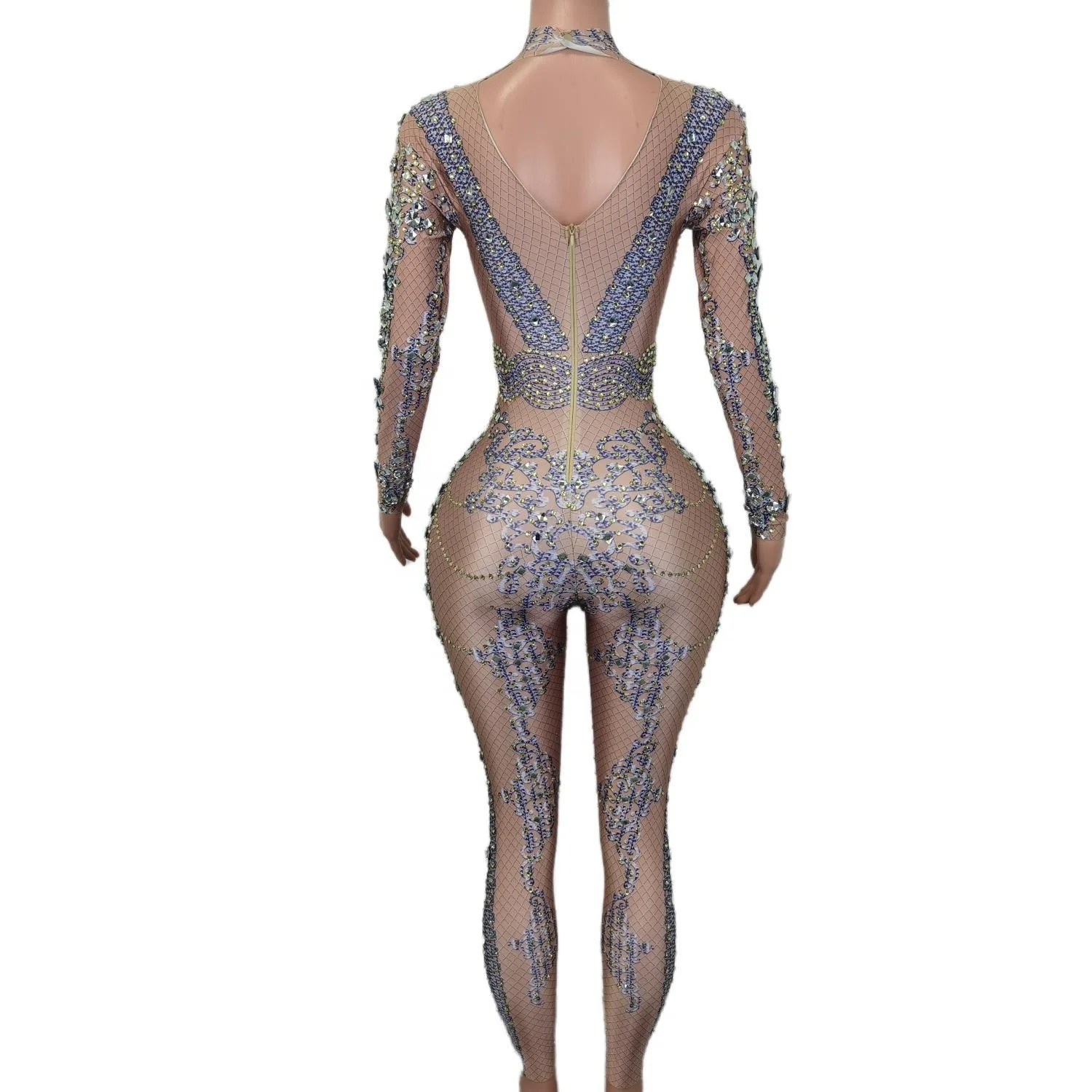 Sparkly Long Sleeves Rhinestone Bodysuit Festival Performance Outfit Plus Size Female Sexy Diamonds Rompers Party Women Jumpsuit