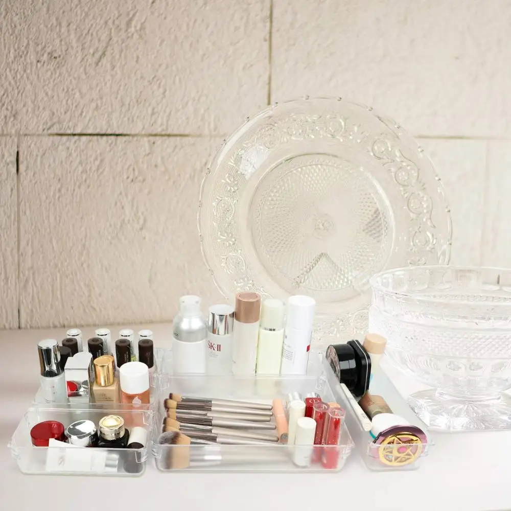Hot Sale 6 Pieces Set Clear Stackable Plastic Vanity Cabinet Drawer Storage Tray  Acrylic Desk Drawer Bin Organizers
