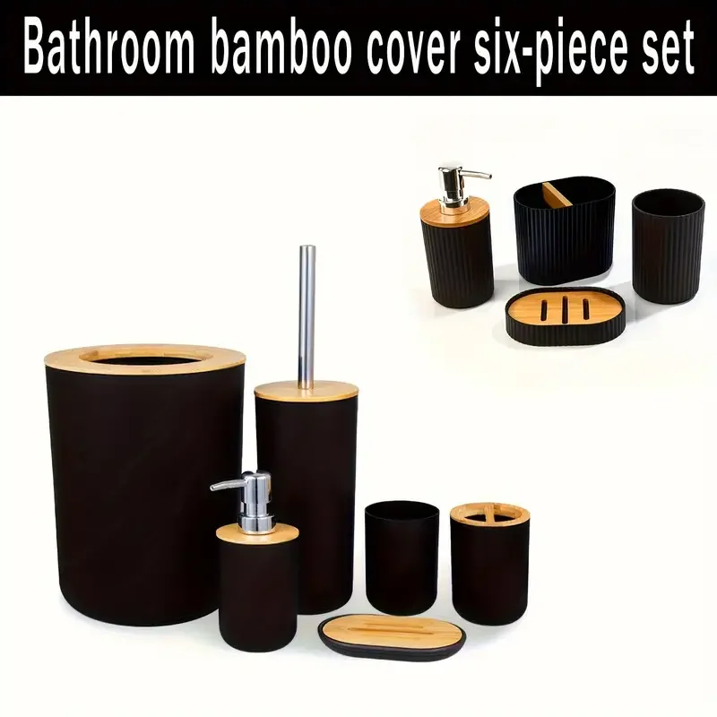 6 Piece Bathroom Storage And Organization Hotel Bamboo Soap Dish Dispenser Toilet Brush Modern Bathroom Accessories Set