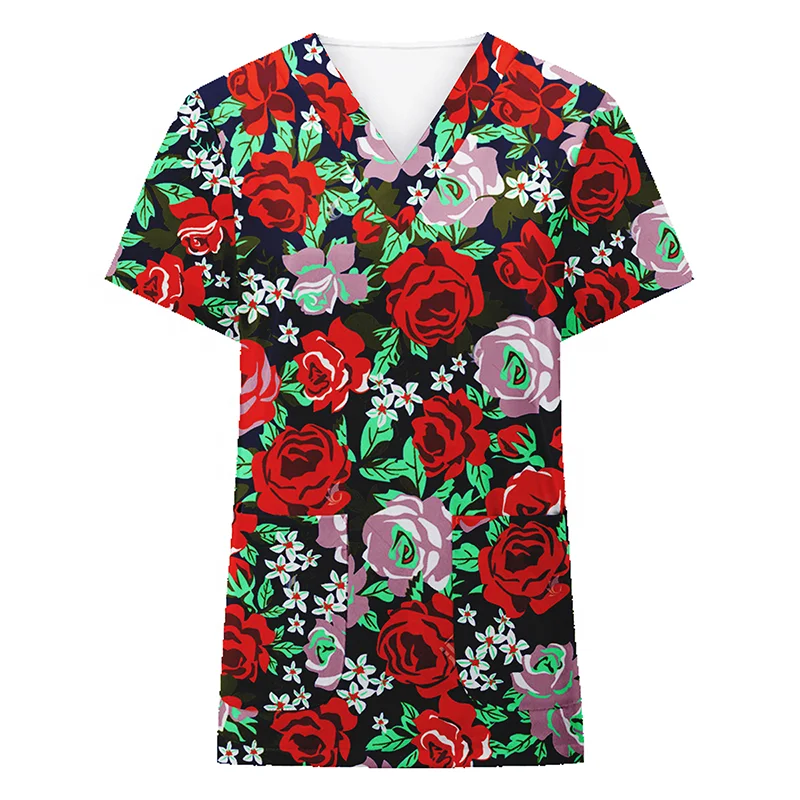 Wholesale custom floral print designing nursing scrubs tops hospital uniforms medical scrubs nurse
